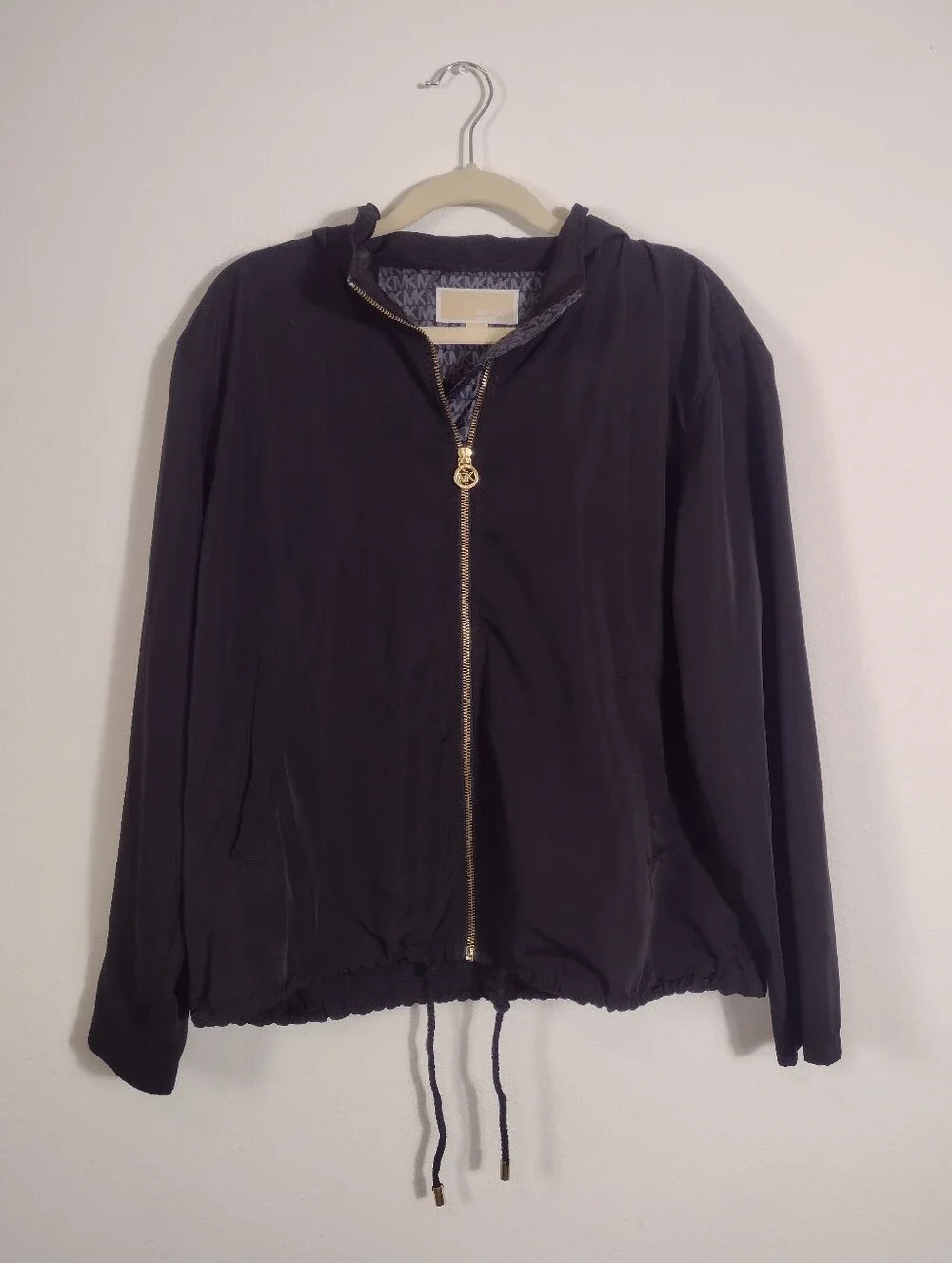 Michael Kors Black Hooded Drawstring Zip Up Windbreaker Jacket Women's Large